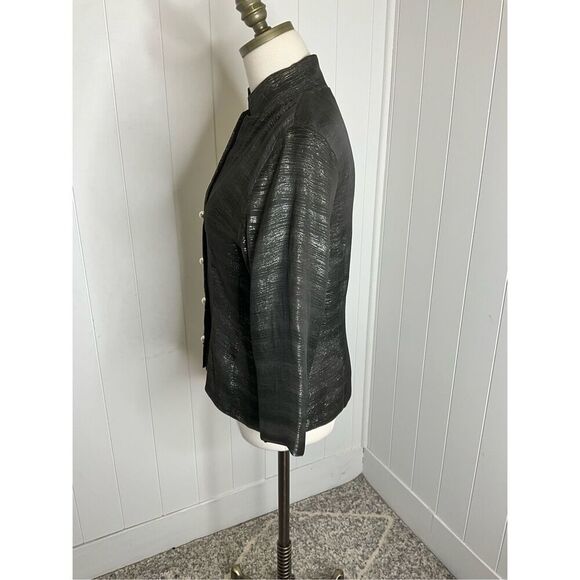 Eileen Fisher Women's S Black Grey 100% Silk Ripple 3/4 Sleeve Pearl Button Top - Picture 8 of 11